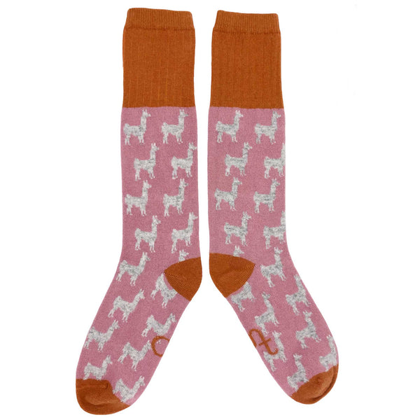 Ladies Pink Llama Lambswool Knee Socks