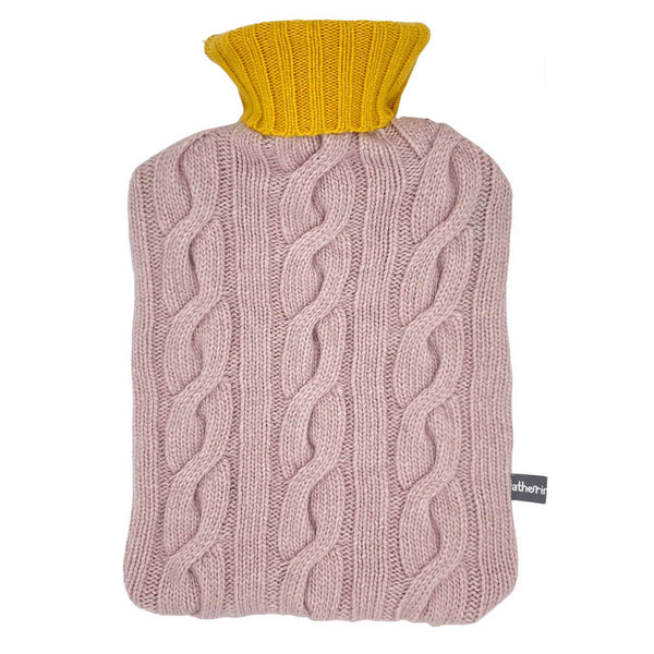 light pink and bright yellow  knitted hot water bottle cover made from cashmere