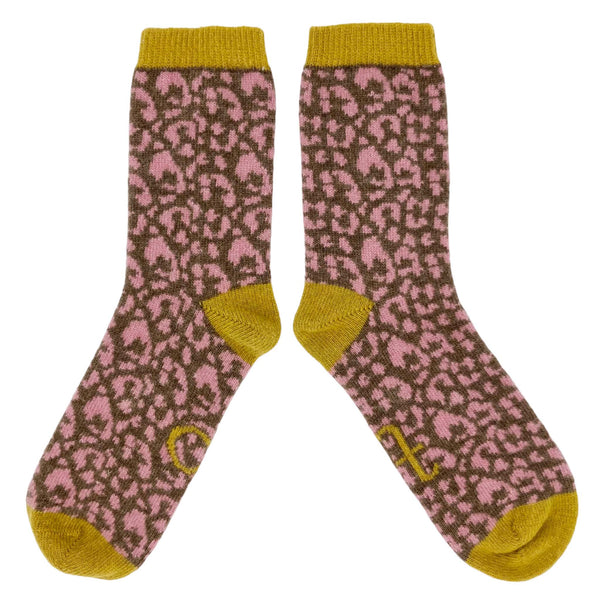 Ladies Dirty Lilac Leopard Print Lambswool Ankle Socks