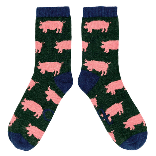 Men's Soft Lambswool Ankle Socks - Dark Green & Pink Pigs