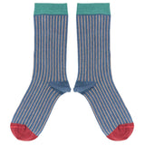 Women's Blue & Peach Pinstripe Organic Cotton Ankle Socks