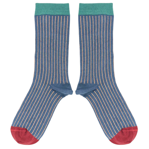 Women's Blue & Peach Pinstripe Organic Cotton Ankle Socks