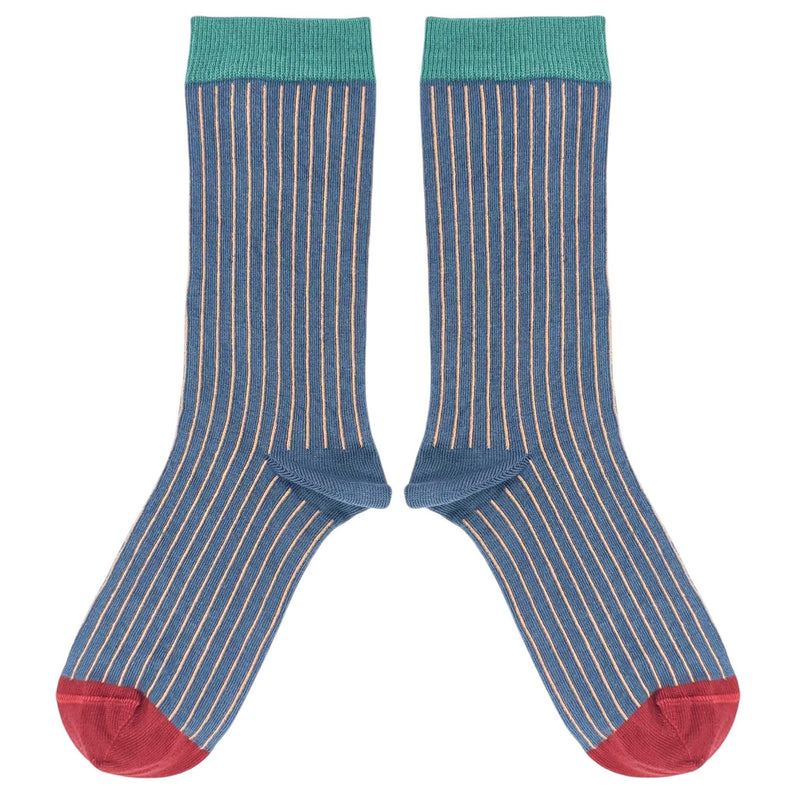 Women's Blue & Peach Pinstripe Organic Cotton Ankle Socks