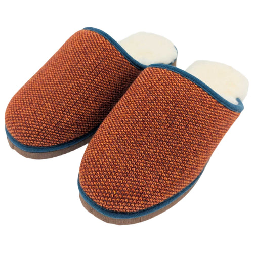 Pure Sheepskin Mule Slippers - Knitted Lambswool Red Check Pattern