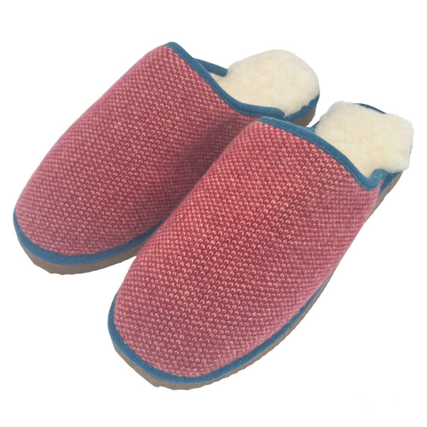 plum check knitted lambswool & sheepskin slippers