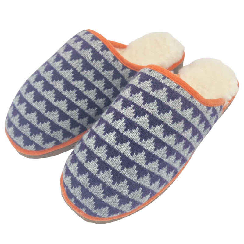 purple triangle knitted lambswool slippers with sheepskin lining.