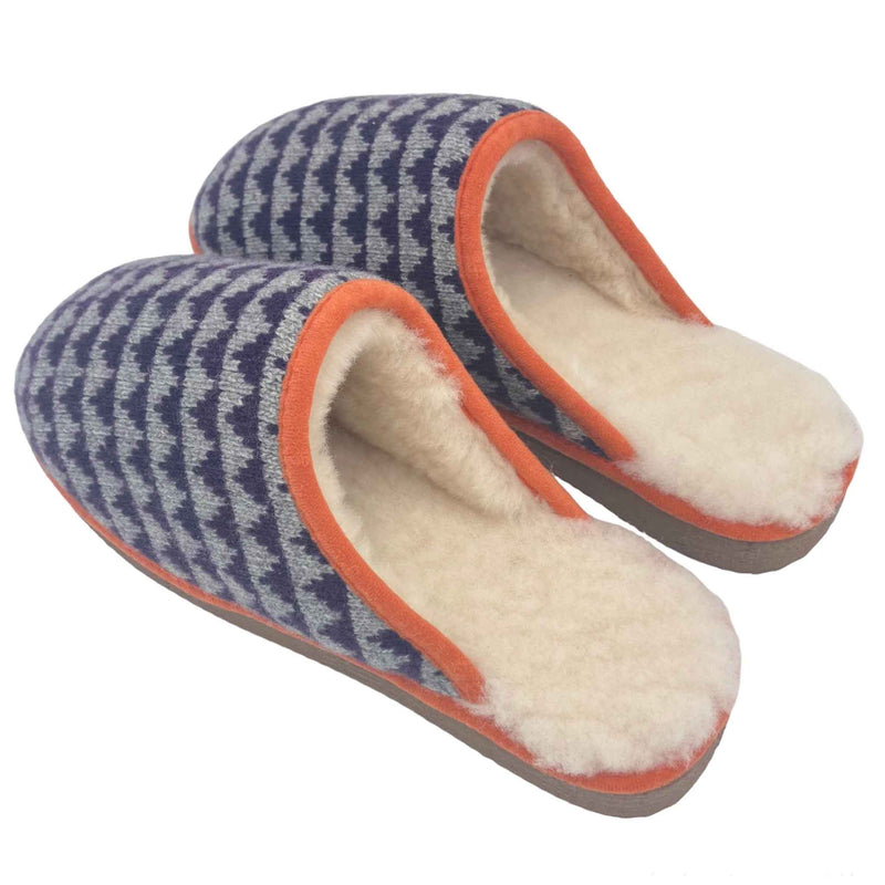 purple triangle knitted lambswool slippers with sheepskin lining.