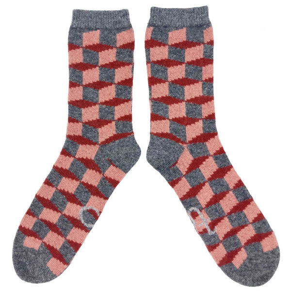 Red pink grey cube cotton socks