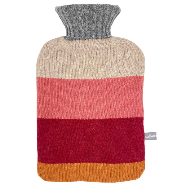 100% lambswool  hot water bottle cover with stripes of cream, pink, red & orange