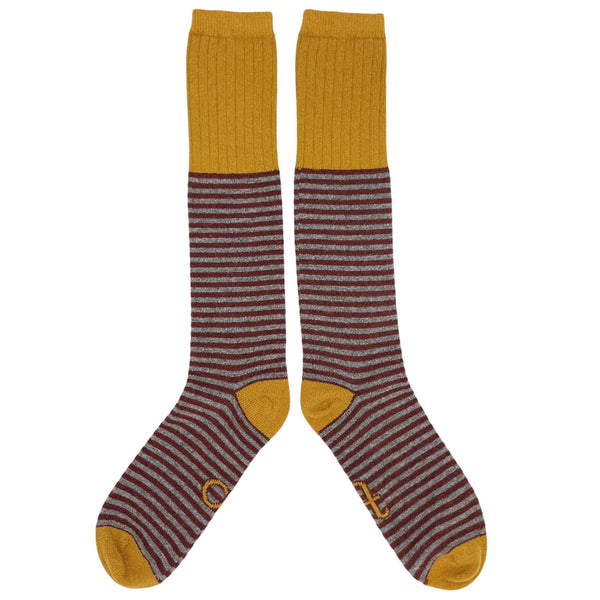 Men's Terracotta & Grey Stripe Lambswool Knee Socks