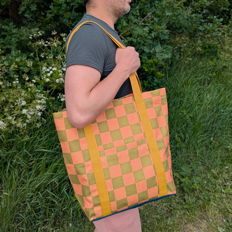 Peach Check Fabric Tote Shopper Bag