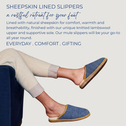 A person wearing  Catherine Tough blue sheepskin-lined slip-on slippers with beige trim and cream pants, shown against a light grey background with promotional text about comfort and warmth.