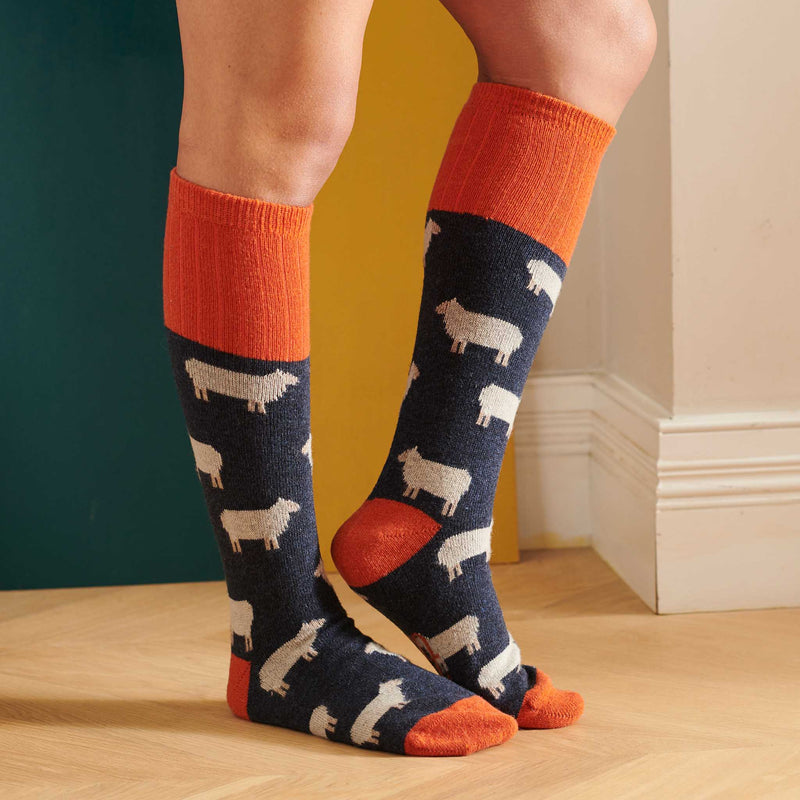 Women's Navy Sheep Lambswool Knee Socks
