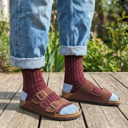 Brown sandals with maroon socks and blue accents worn by a person on a wooden surface with plants behind.