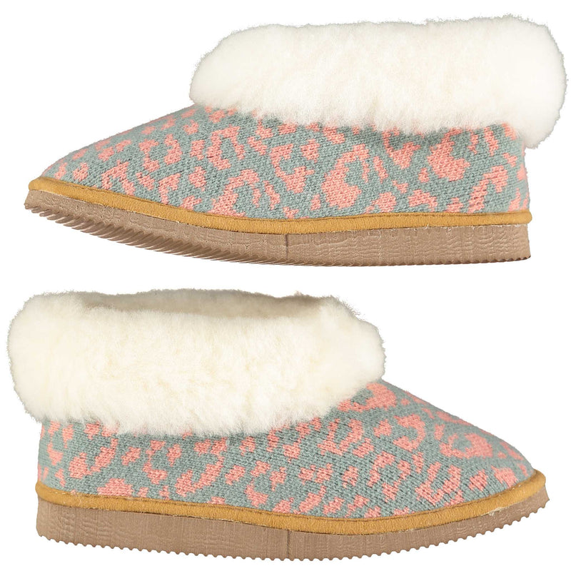 cosy sheepskin lined slippers with a sage and pink leopard  print