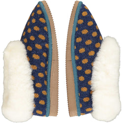 cosy sheepskin lined slipper boots with a spotty navy  lambswool upper