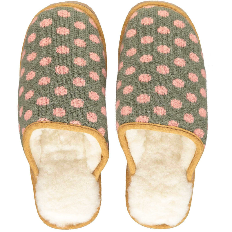 green and pink spot slippers lined with real sheepskin