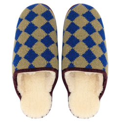 A pair of slip-on  catherine tough knit slippers with a blue and tan diamond pattern, featuring brown trim and a light beige footbed, shown against a plain white background.