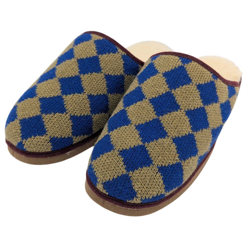 Pure Sheepskin Mule Slippers - Knitted Lambswool Navy Diamond Pattern