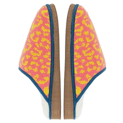A pair of knit slip-on slippers with a pink and yellow leopard print pattern, blue trim, and brown soles, shown from the back on a white background.