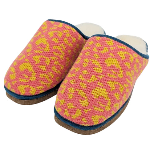 Pure Sheepskin Mule Slippers - Knitted Lambswool  Pink & Yellow Leopard Print