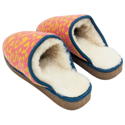 A pair of Catherine Tough knit slip-on slippers with a pink and yellow patterned upper, dark blue trim, and brown soles, shown on a plain white background.