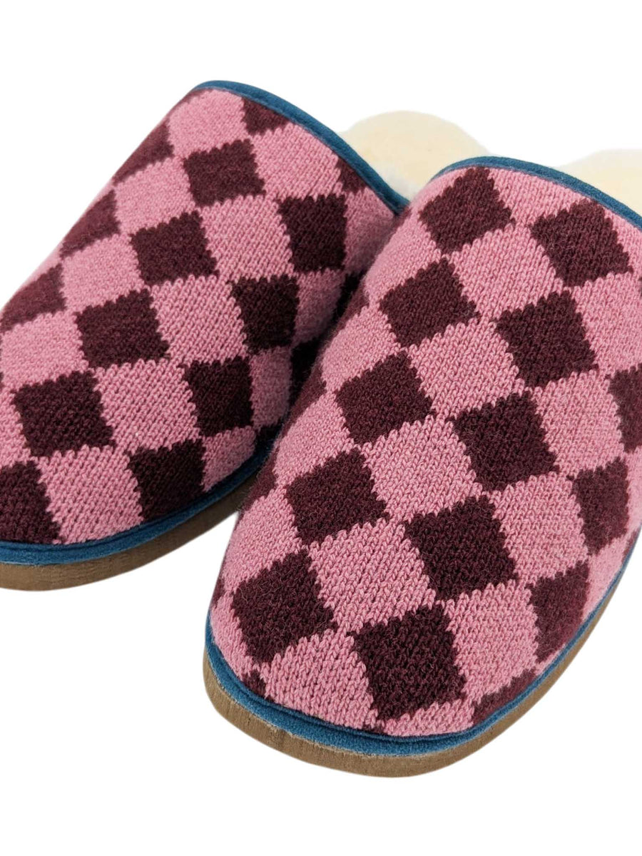 Pure Sheepskin Mule Slippers - Knitted Lambswool  Red Diamond Pattern Test for New CT Template