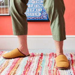 Pure Sheepskin Mule Slippers - Knitted Lambswool yellow stripe