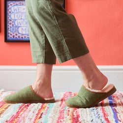 Pure Sheepskin Mule Slippers - Knitted Lambswool Green Check Pattern