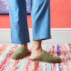 Pure Sheepskin Mule Slippers - Knitted Lambswool Green Check Pattern