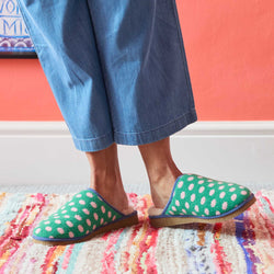 Pure Sheepskin Mule Slippers - Knitted Lambswool  Green & Pink Spot Pattern