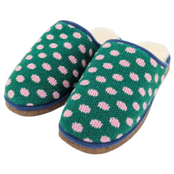 A pair of Catherine Tough knit slip-on slippers with a green background, pink polka dots, and blue trim, shown on a plain white background.