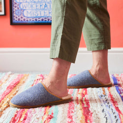 Pure Sheepskin Mule Slippers - Knitted Lambswool Navy Blue Check Pattern