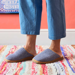 Pure Sheepskin Mule Slippers - Knitted Lambswool Navy Blue Check Pattern