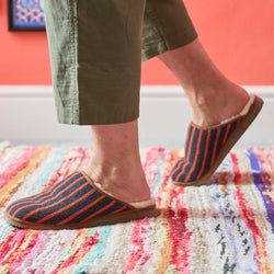 Pure Sheepskin Mule Slippers - Knitted Lambswool Navy & Orange Pinstripe