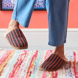 Pure Sheepskin Mule Slippers - Knitted Lambswool Navy & Orange Pinstripe