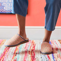 Pure Sheepskin Mule Slippers - Knitted Lambswool Pink & Mint Leopard Print