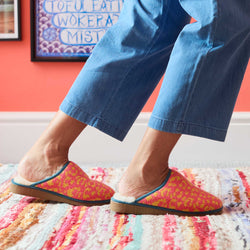 Pure Sheepskin Mule Slippers - Knitted Lambswool  Pink & Yellow Leopard Print