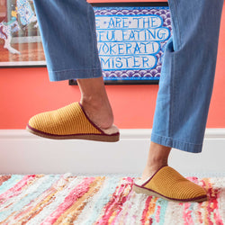 Pure Sheepskin Mule Slippers - Knitted Lambswool yellow stripe
