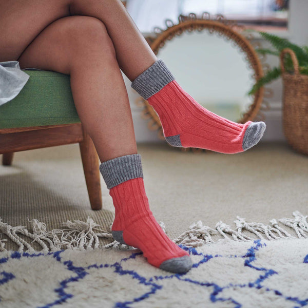 Coral Pink & Grey Cashmere Blend Slouch Socks