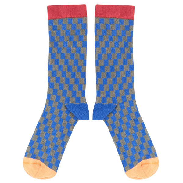 Men's Blue & Grey Check Organic Cotton Ankle Socks