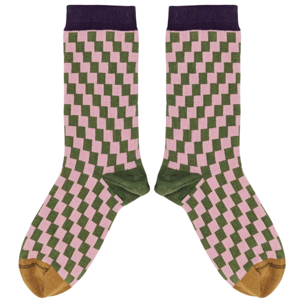Women's Pink & Khaki Check Organic Cotton Ankle Socks