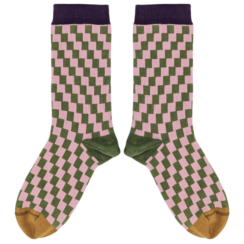 Women's Pink & Khaki Check Organic Cotton Ankle Socks