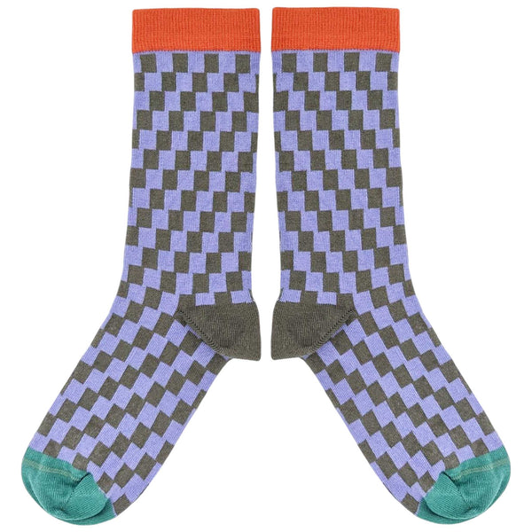 Women's Lilac & Grey Check Organic Cotton Ankle Socks