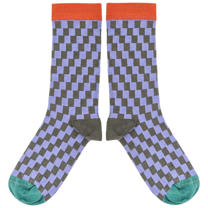 Women's Lilac & Grey Check Organic Cotton Ankle Socks