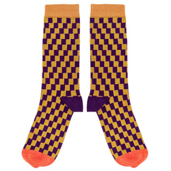 Men's Aubergine & Yellow Check Organic Cotton Ankle Socks
