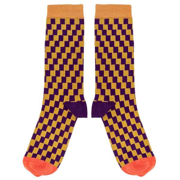 Men's Aubergine & Yellow Check Organic Cotton Ankle Socks