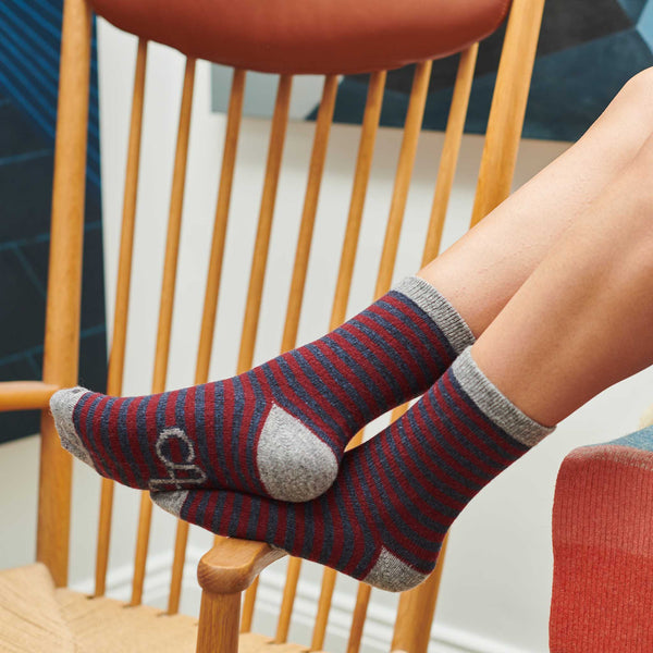 Women's Plum & Navy Stripe Lambswool Ankle Socks