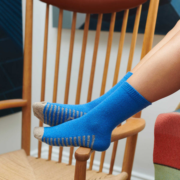 Women's Blue & Grey Striped Sole Lambswool Ankle Socks