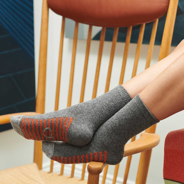Women's Charcoal & Orange Striped Sole Lambswool Ankle Socks